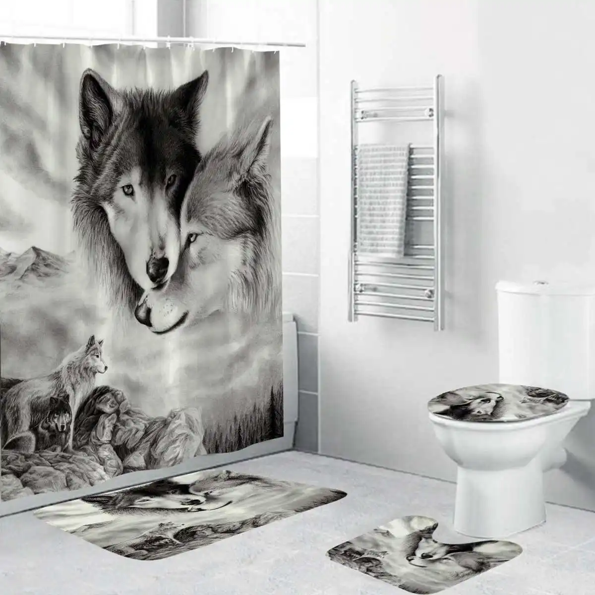 180x180 см Белый Волк Ловец снов глаза волка с 12 крючками занавеска для ванной комнаты коврик для туалета крышка ковер 1 шт./3 шт./4 шт. набор штор - Цвет: 2 Wolves 4Pcs