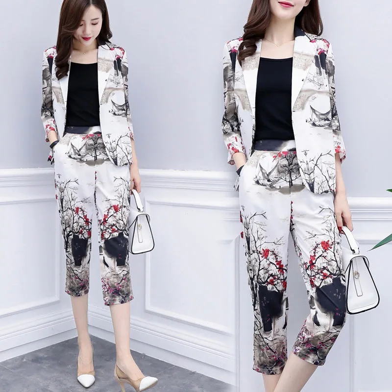 

Women's suit set 2019 summer new thin section fashion retro print small suit fashion slim pants two-piece suit