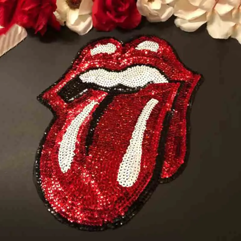 

Large Red Sequin Tongue Patch Lips KISS Rock Band Rock Roll Embroidered Iron On Fashion Patch DIY Jacket Dress Backpack Shirt