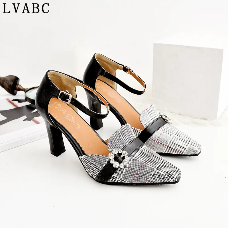 

Spring Summer Shoes Woman Sandals Plaid High Heels Women Dress Shoes Slingbacks Pumps Pointed Toe ladies shoe zapatos mujer