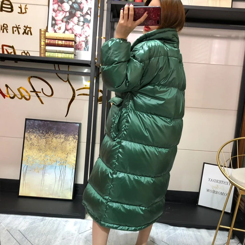 Goedkoop Ftlzz 2020 Vrouwen Lange Down Jas Winter Warme Jas Lange Mouwen White Duck Down Parka Stand Kraag Uitloper Ritsvak jas