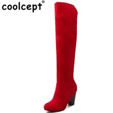 Coolcept Size 33 43 Women Thick High Heel Over Knee Long Boots Women Round Toe Slip
