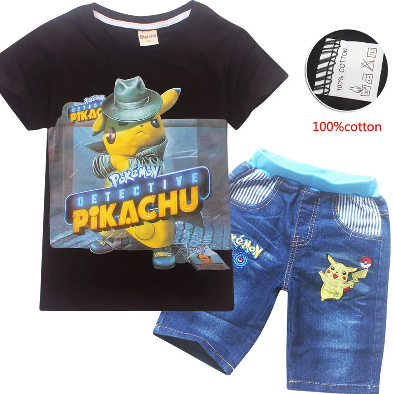 

Summer Boys T shirts + jeans pants detetive Pikachu sports suits pokemon go boys Cartoon children clothing set kids clothes set