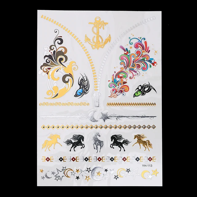 1 Sheet Body Art 14.8 x 21cm Decal Flash Tattoo Metallic Gold Silver Temporary YH-113 3D Horse Star Chain Tattoo Sticker Jewelry 1 Sheet Body Art 14.8 x 21cm Decal Flash Tattoo Metallic Gold Silver Temporary YH-113 3D Horse Star Chain Tattoo Sticker Jewelry
