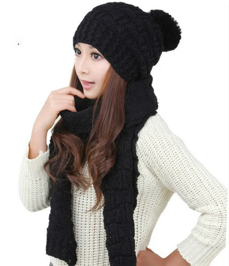 Осенняя и зимняя шапка и шарф, комплект для женщин, уплотненная теплая вязаная шапка и шарф, комплект из двух предметов - Цвет: Black