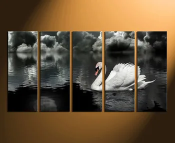 

5 Piece Canvas Wall Art, Clouds Huge Pictures, White Swan Multi Panel Canvas, Black and White Photo Canvas, Bird Large Pictures