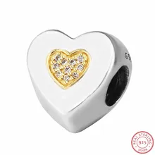 925 стерлингового серебра и 14 K золото не покрытием подписи бусины в форме сердца DIY Fit PANDORA Подвески для женщин ювелирных изделий Ясно CZ FL595K