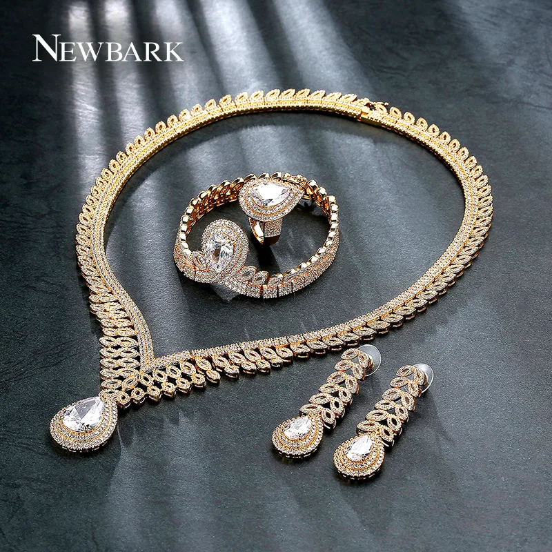 

NEWBARK Fashion Noble Jewelry Sets Big Waterdrop Zircon CZ Statement Necklace Earring Ring Jewelry Sets For Women
