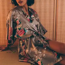 Сексуальный XXXL Свадебный халат для невесты, подружки невесты, Серое Женское кимоно, банное платье большого размера, повседневная одежда для сна, пеньюар с цветочным принтом, SG73