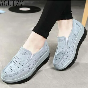 

AGUTZM 2019 Women Flat Platform Loafers Shoes Ladies Suede Leather Hollow Casual Shoes Slip on Flats Moccasins creepers W10