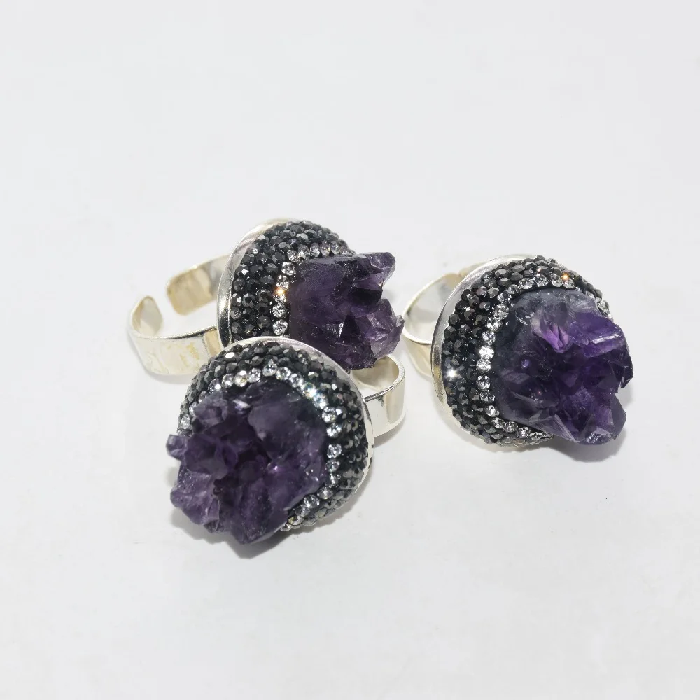 

Free Shipping Uruguay Purple Raw crystal quartz druzy adjustable rings rhinestone paved cluster geode druzy stone rings women