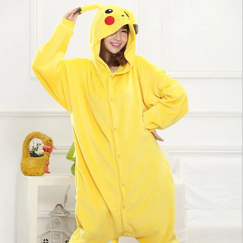 Новые зимние пижамы унисекс для взрослых женщин пижамы единорог кигуруми животных наборы домашней одежды, пижама фланелевая с капюшоном - Цвет: Pikachu