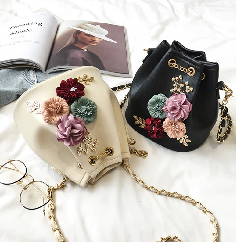 

2019 Handmade Flowers Bucket Bags Mini Shoulder Bags With Chain Drawstring Small Cross Body Bags Pearl Bags Leaves Decals