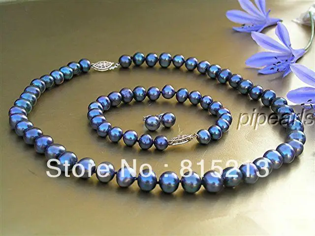 

ddh0144 ddh0144 AA 8mm Black Genuine Pearl Necklace Bracelet Earrings Set Set