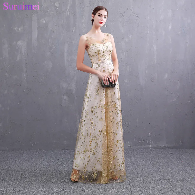 

2019 New Arrival Golden Evening Dresses with Sheer Illusion Straps V Back Floor Length Long Evening Gown Prom Dresses