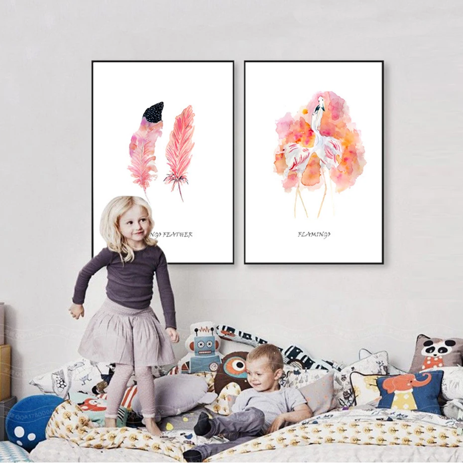 

Watercolor Flamingo Feather Canvas Paintings Abstract Pink Nordic Girls Wall Art Poster Picture for Kids Living Room Home Decor