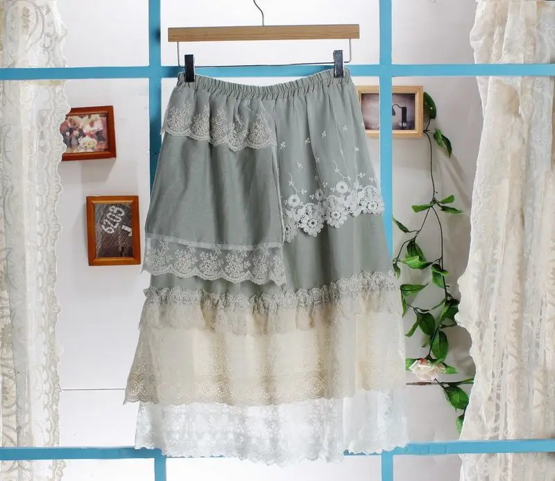 light green Женская летняя юбка с цветочным принтом и кружевным подолом в стиле ретро Faldas Muje, плиссированная многослойная юбка с оборками, Y03585 - Цвет: light green