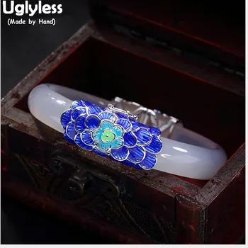 

Uglyless 100% Real 925 Sterling Silver Vintage Ethnic Enamel Blue Flower Bangles for Women Chalcedony Bangles Gemstones Bracelet