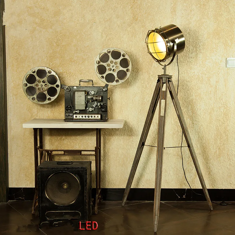 

American fashion vintage wooden lamps fitting solid wood searchlight floor lamp Retro copper lights