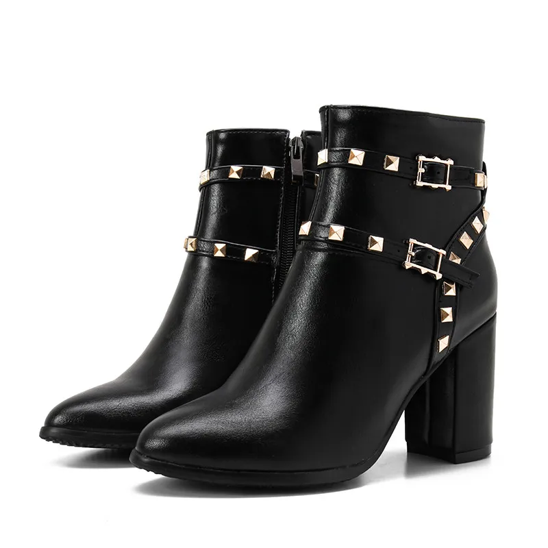 

LOVEXSS Woman Autumn Winter Metal Decoration Ankle Boots Fashion Sexy Plus Size 34 43 Martin Boots Black White High Heeled Shoes