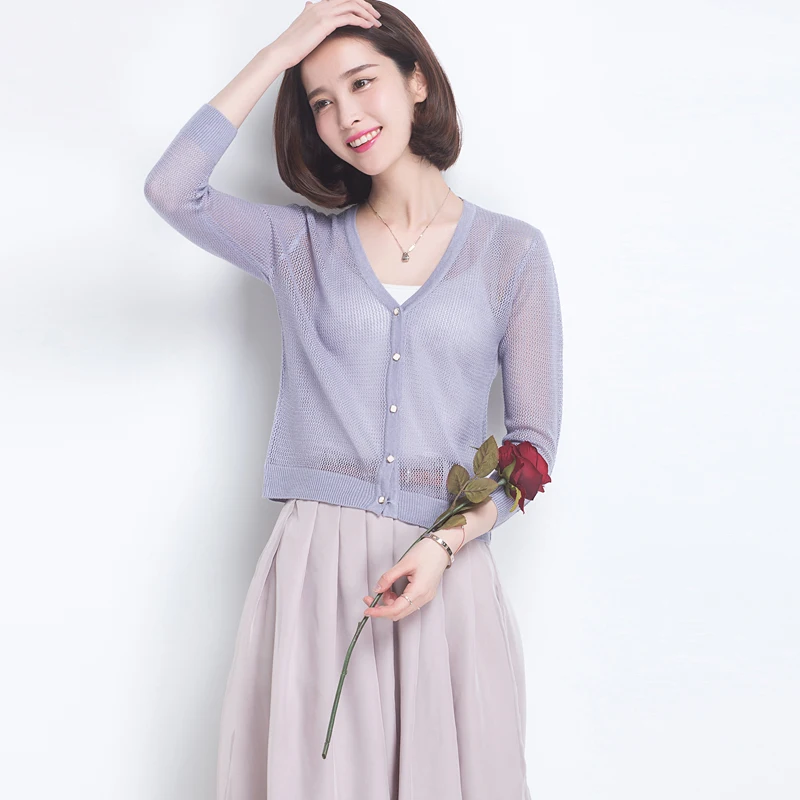SZDYQH Summer Hollow Out Beach Cool Cardigans Women Half Sleeve Sweater Knitted V-neck New Crochet Femme Casual Ladies Tops |