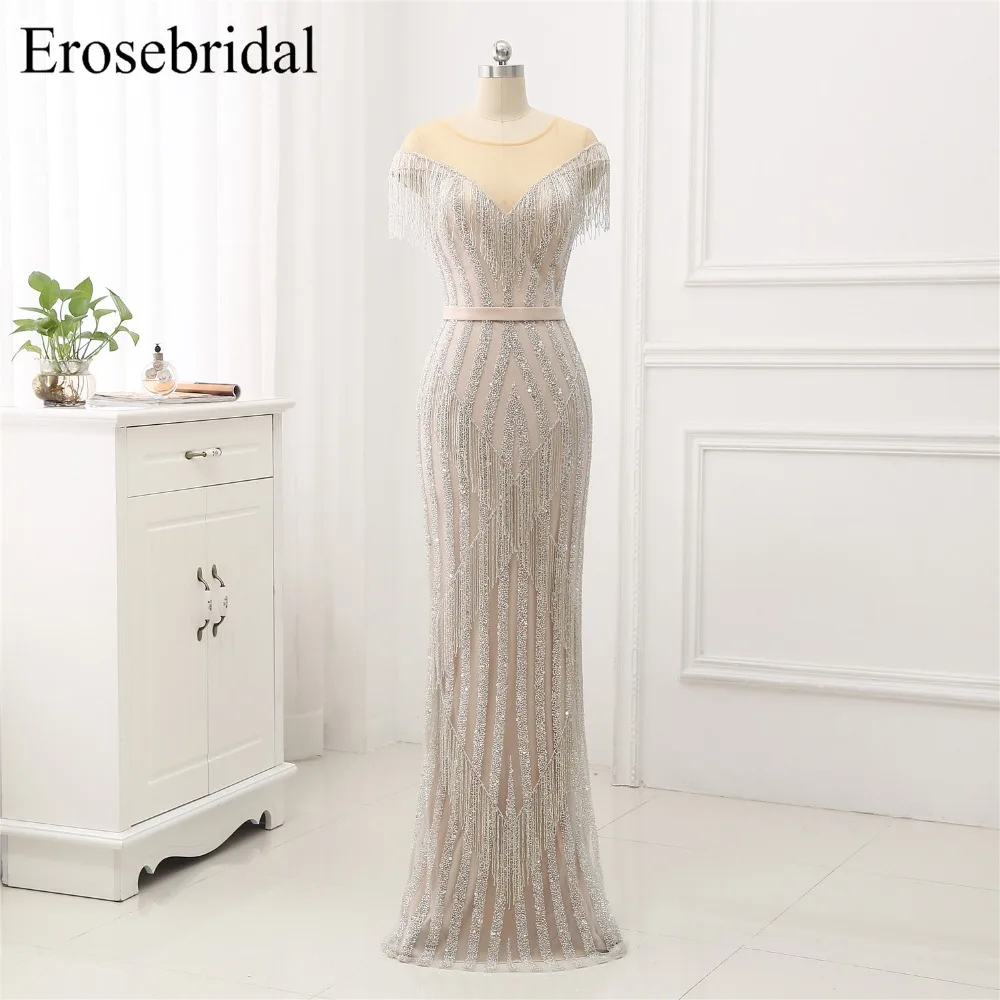 Вечернее платье, длинное, Erosebridal, роскошное, с бисером, Русалка, вечерние платья, с кисточками, с коротким рукавом, с глубоким вырезом, vestido de festa, GLR-64