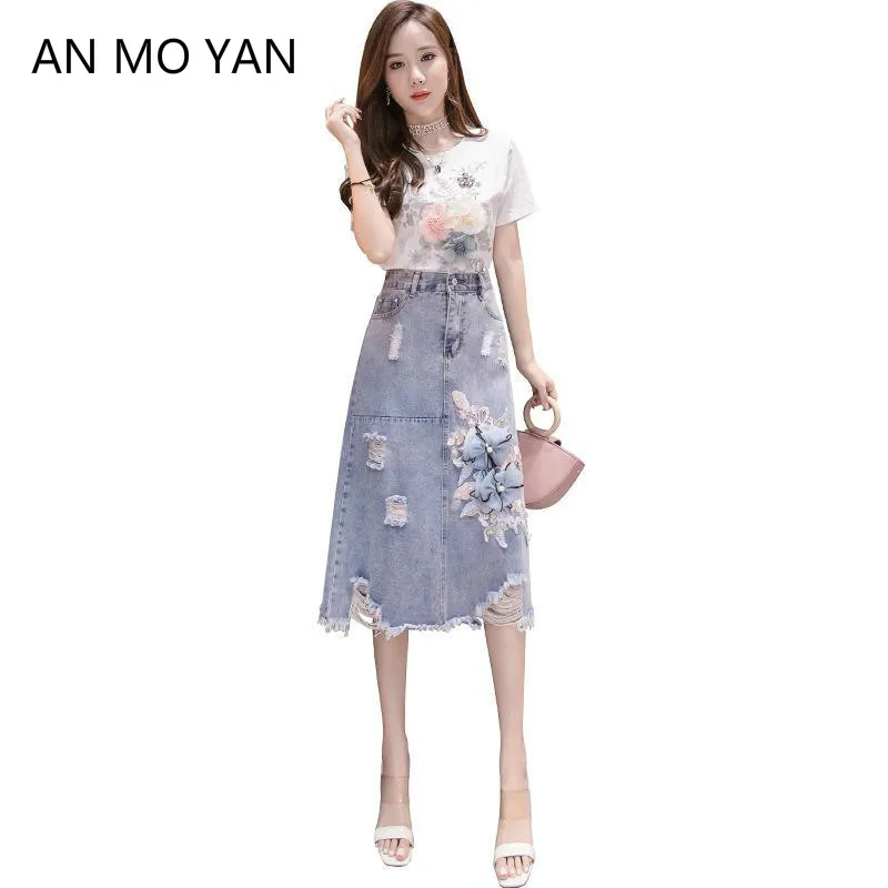 AN MO YAN/женская Повседневная джинсовая юбка с синими дырками и вышивкой, летняя новая женская юбка, базовый карман, джинсовая юбка с высокой талией