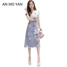 AN MO YAN/женская Повседневная джинсовая юбка с синими дырками и вышивкой, летняя новая женская юбка, базовый карман, джинсовая юбка с высокой талией