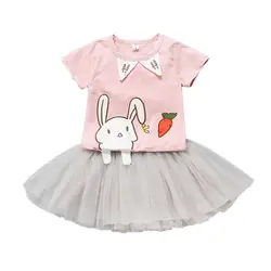 2017 Детские с принтом розовый с рисунком кролика платье летние шорты рукавом Gauzy платье-пачка Vestidos
