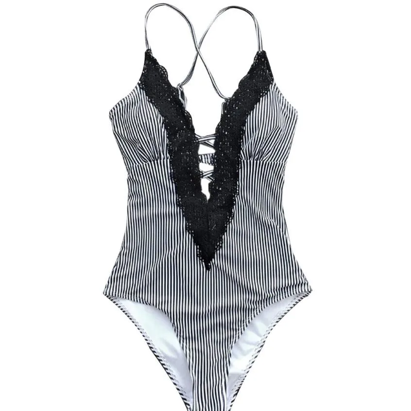Womens Lace Splicing Back Hook Closure one piece bikini set Swimsuit
