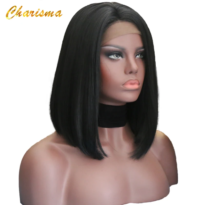 

Charisma Bob Silky Straight Synthetic Lace Front Wig 14'' Black Color Heat Resistant Glueless 150% Density Wigs For Black Women