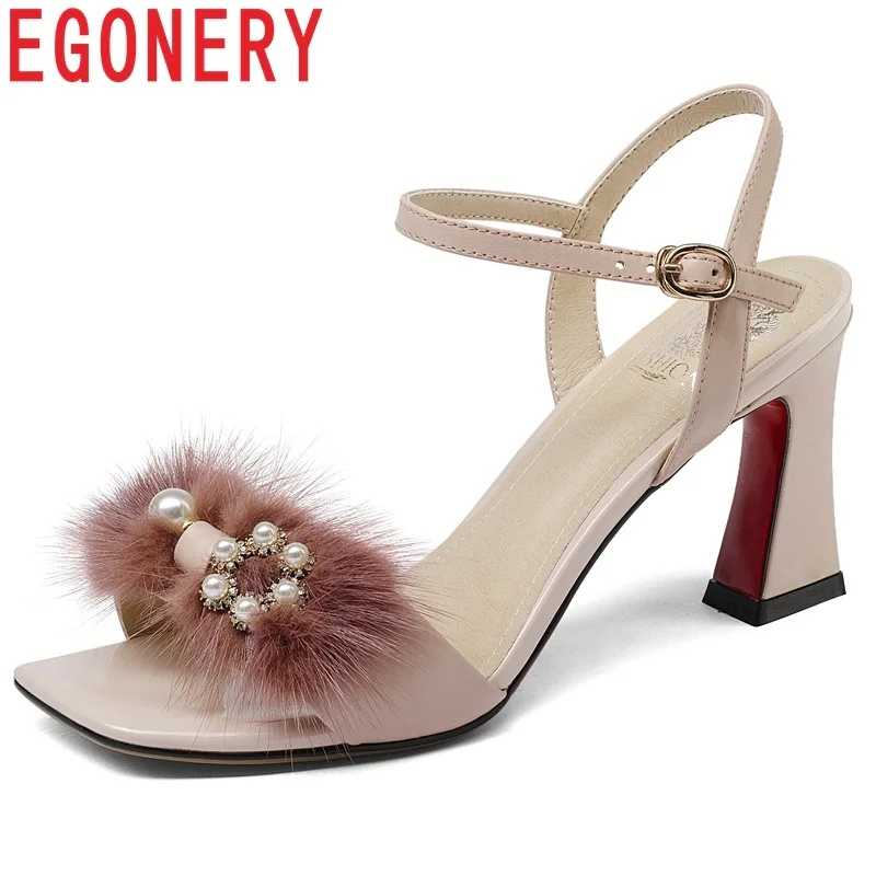 

EGONERY women shoes new fashion genuine leather high square heel buckle strap fur pearl decoration open toe sweet lady sandals