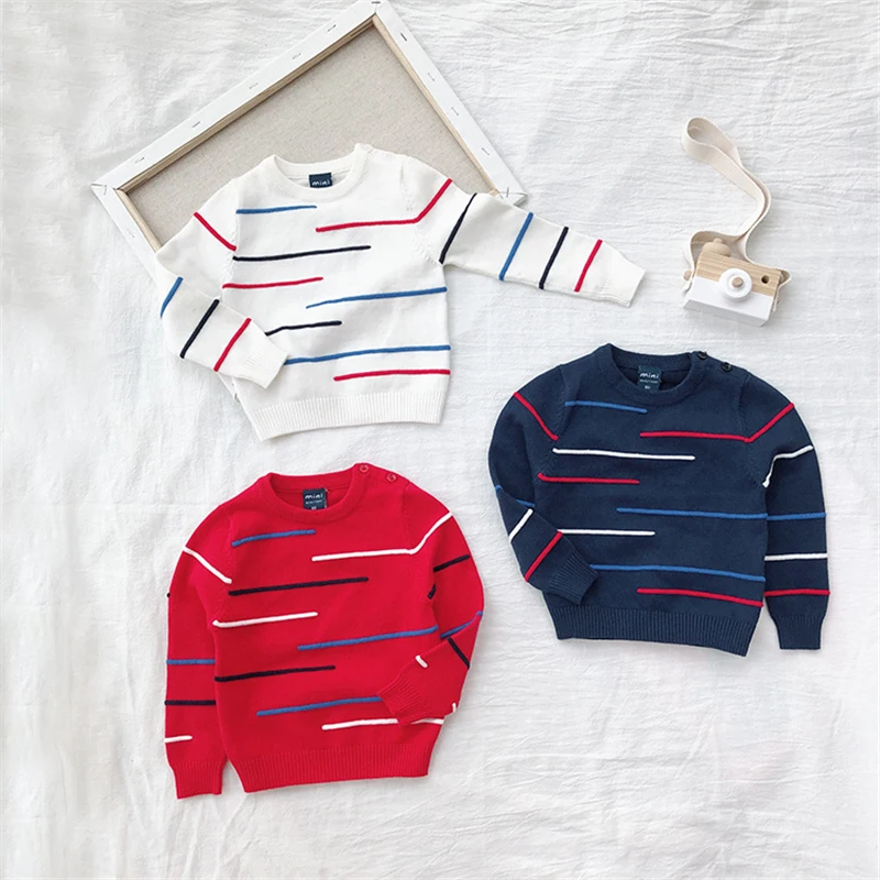 

Stripe Baby Boy Sweater Kids Round Collar Shoulder Buckle Pullover Cardigan Cotton Pinstripe Patchwork Printing Sweater Spring