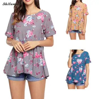 

2017 Women T-Shirt red Sexy short Sleeve Floral Print Tshirt Loose Crop Tops Casual Tee Beach Cute Clothing