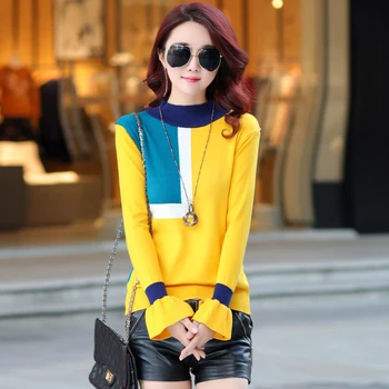 

fall new turtleneck sweater stripe color matching relaxed joker sweater female women pullover sweaters knitwear casual clothes