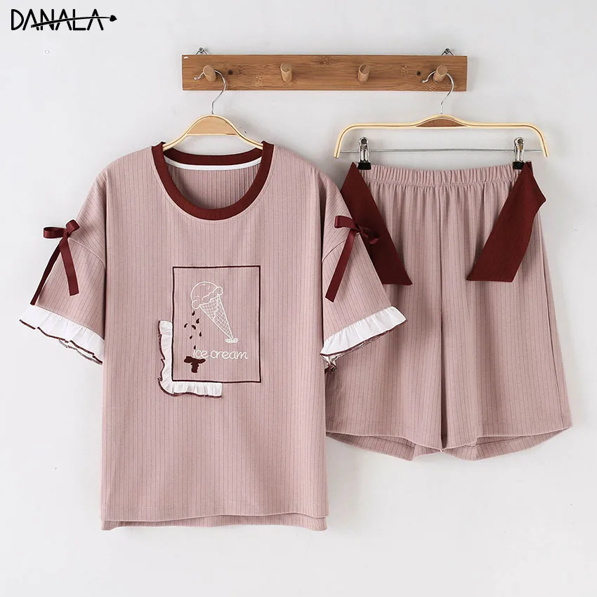 DANALA/Хлопковые повседневные женские пижамные комплекты летние однотонные