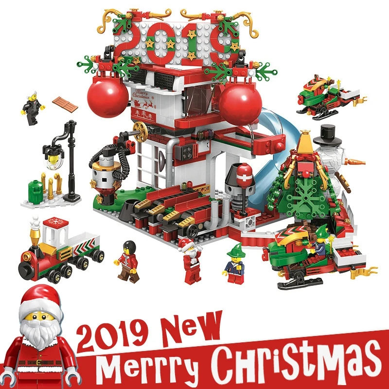 

2019 New Chinese Christmas designer legoings Winter City Train Box Building Blocks Bricks Parts Advent Calendar Creator Boy Toys
