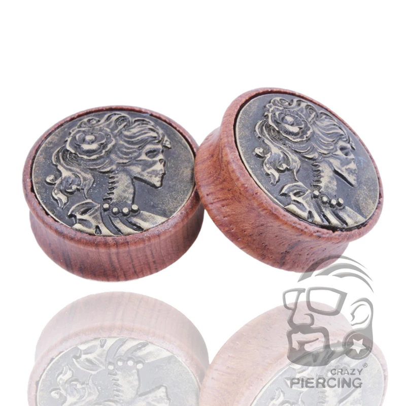 

2pcs Wood Saddle Double Flare Ear Plugs Tunnels Expander Flower Logo Gauge Kit Piercing Ear Stretchers Body Jewelry 12-30mm