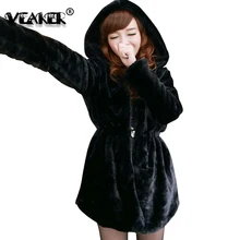 Женское пальто из искусственного меха, длинная куртка с капюшоном, Двусторонняя одежда, толстые теплые пальто из искусственного меха лисы, меховые зимние куртки, верхняя одежда черного цвета