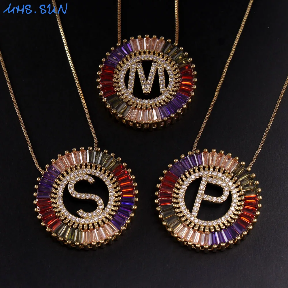 

MHS.SUN Newest Gold Color 26 Letter Pendant Necklace Alphabet Chain Necklace Colorful CZ Zircon Jewelry For Women Christmas Gift