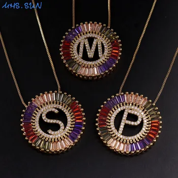MHS.SUN Newest Gold Color 26 Letter Pendant Necklace Alphabet Chain Necklace Colorful CZ Zircon Jewelry For Women Christmas Gift