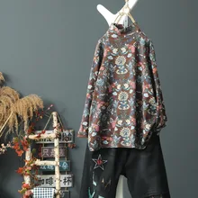 Новинка, Женская хлопковая водолазка, осенне-зимняя футболка, Ретро стиль, цветочный принт, свободная, повседневная, длинный рукав, Camiseta Mujer, Топ