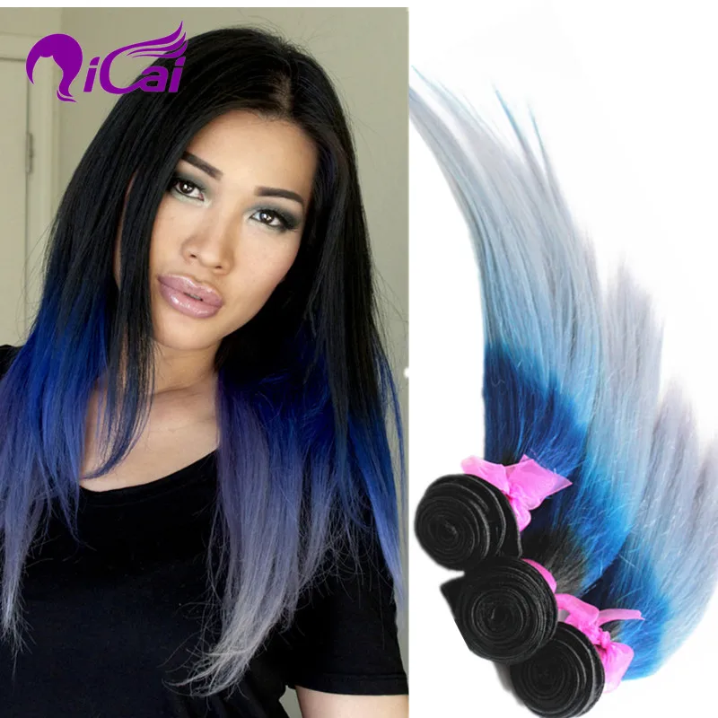 Ombre 3 Tone 1b Blue Silver Grey Gray Hair Weave Malaysia