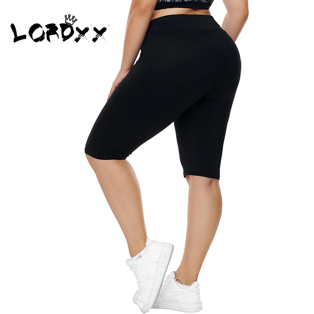 

LORDXX Black Plus size leggings fitness knee-length Solid color High waist short leggings women Spandex Ladies workout Pants