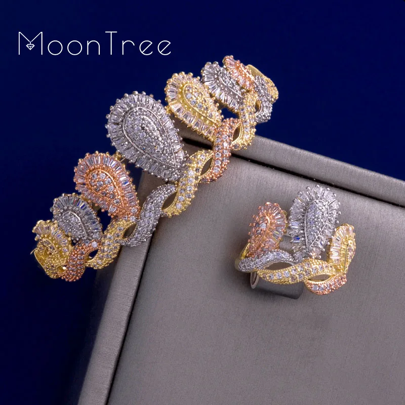 

MoonTree Luxury Crown Luxury Shining CZ Zircons Bangle Ring Set Three Tones Color Women Wedding Bridal Dubai Jewelry Set
