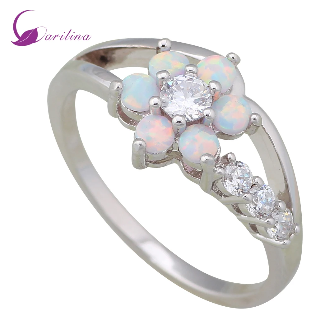 

Fashion Fire Opal 925 Sterling Silver Wedding rings for women flower rings White Cubic Zirconia size 5 6 7 8 9 10 R139