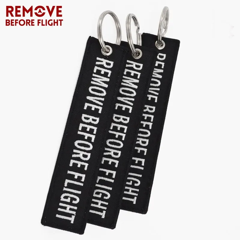 REMOVE BEFORE FLIGHT Keyings Special Luggage Tag Label Black Embroidery Key Ring Chain Aviation Gifts OEM Keychain Key Fobs Easy Reach0
