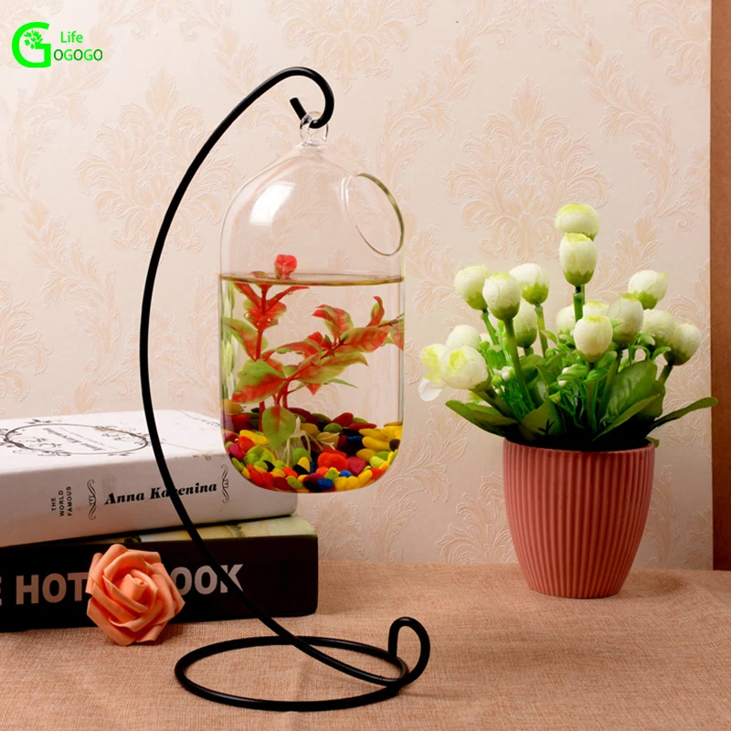 

1PCS Hanging Clear Glass With Metal Stand Hydroponic Plant Terrarium Vases Aquarium Fish Tank Home Bonsai Decor Accessories