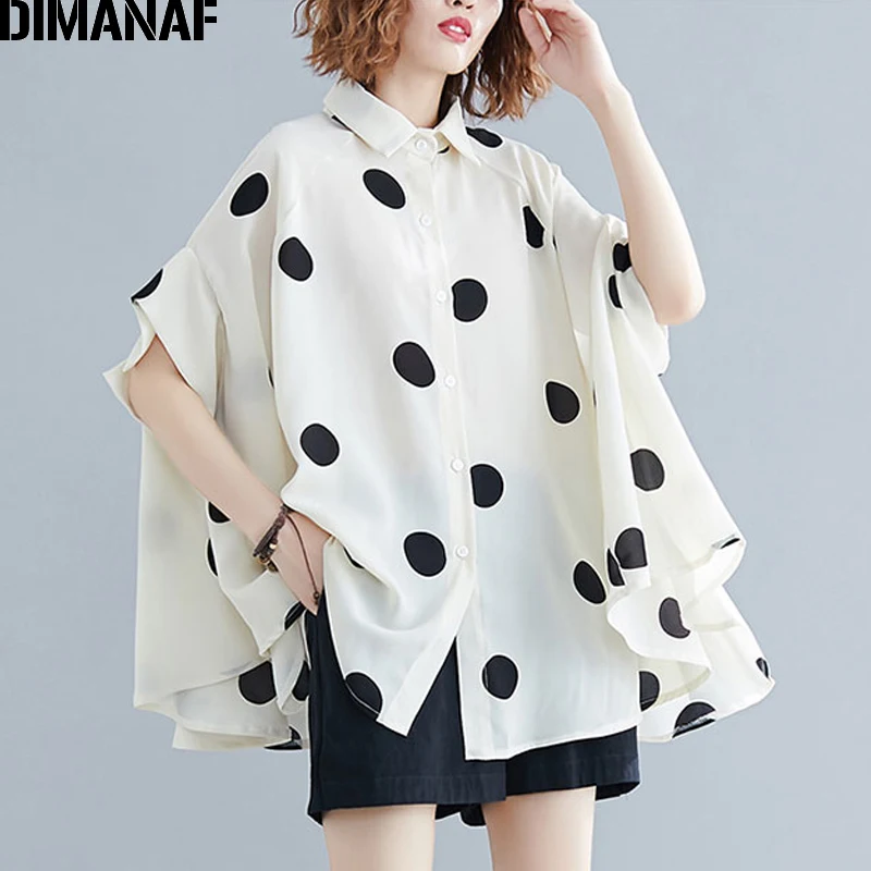  DIMANAF Plus Size Women Blouse Shirt Big Size Summer Casual Lady Tops Tunic Print Polka Dot Loose F