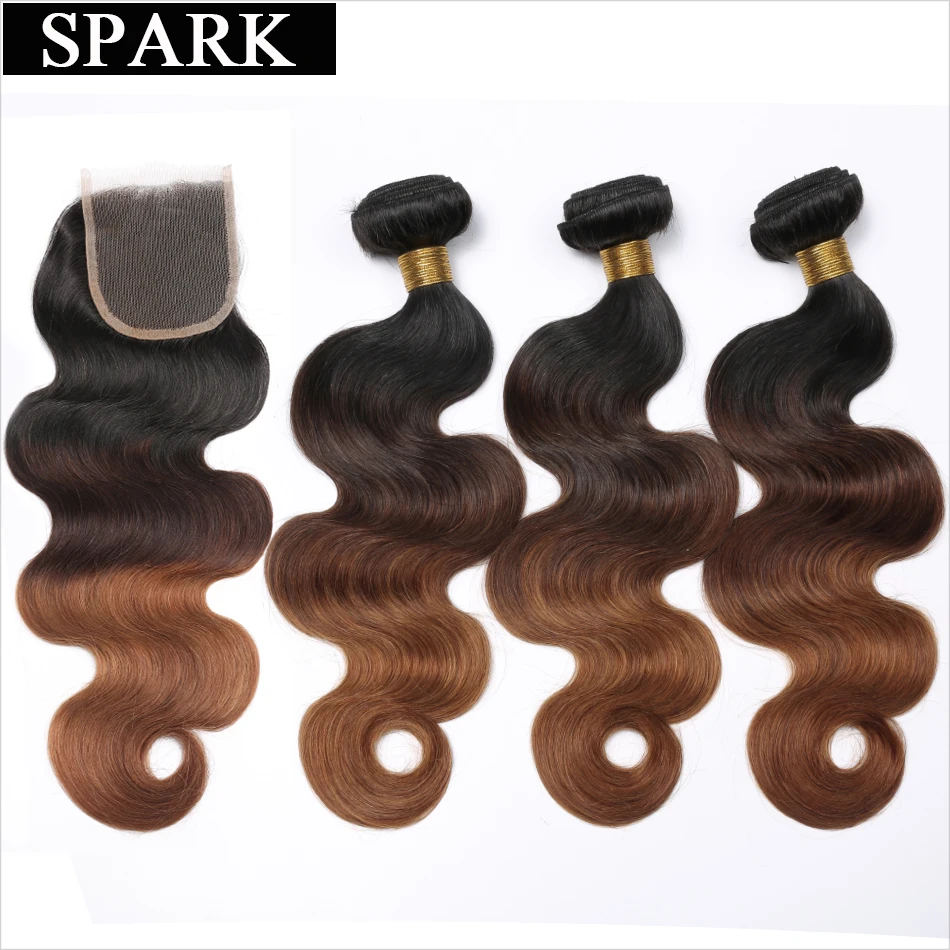 Spark Ombre бразильские объемные волнистые человеческие волосы пряди с закрытием remy человеческие волосы плетение 3 пряди с закрытием для черного цвета